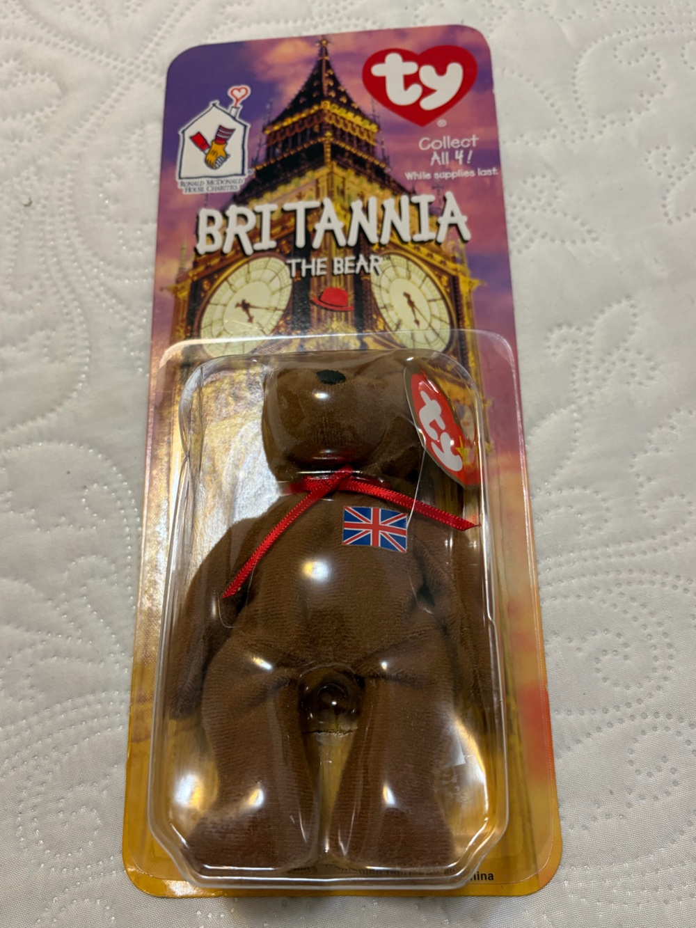 Ty Teenie Britannia The Bear 1999⭐️ RARE⭐️ Red Ribbon and Union Jack Patch